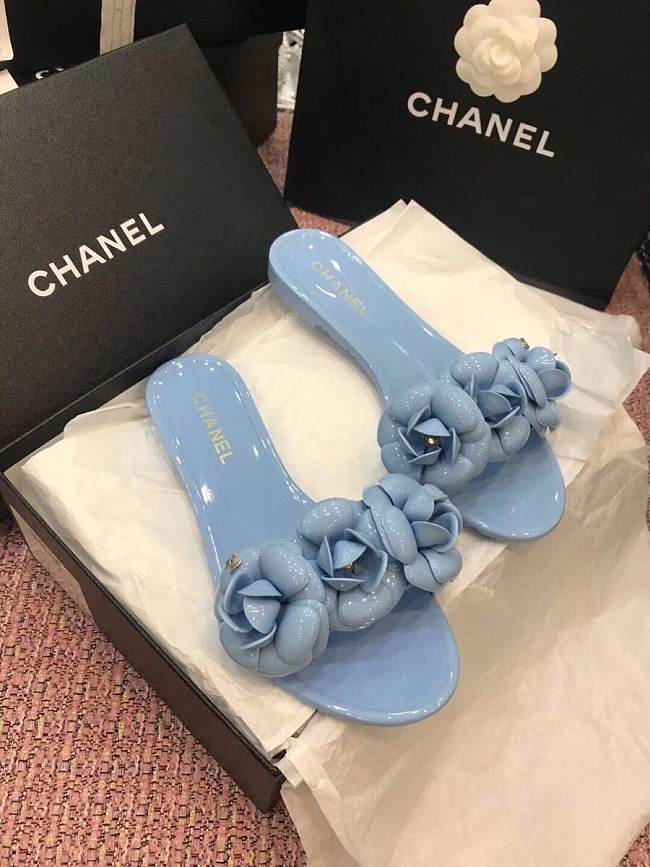 Chanel PVC Slides with Ligh Blue Flowers - 1