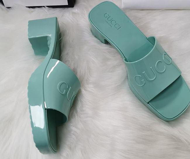 Gucci Light Turquoise Rubber Slide Sandal - 1