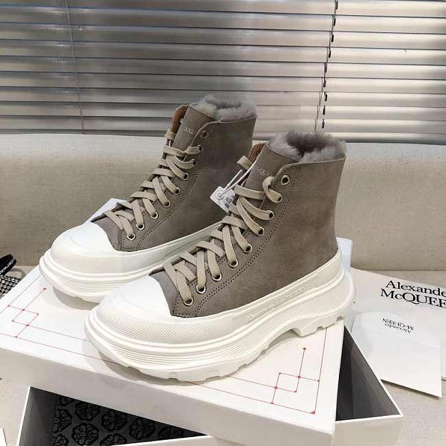 Alexander McQueen Tread Slick Lace Up Boots High Top Grey Fur Lining - 1