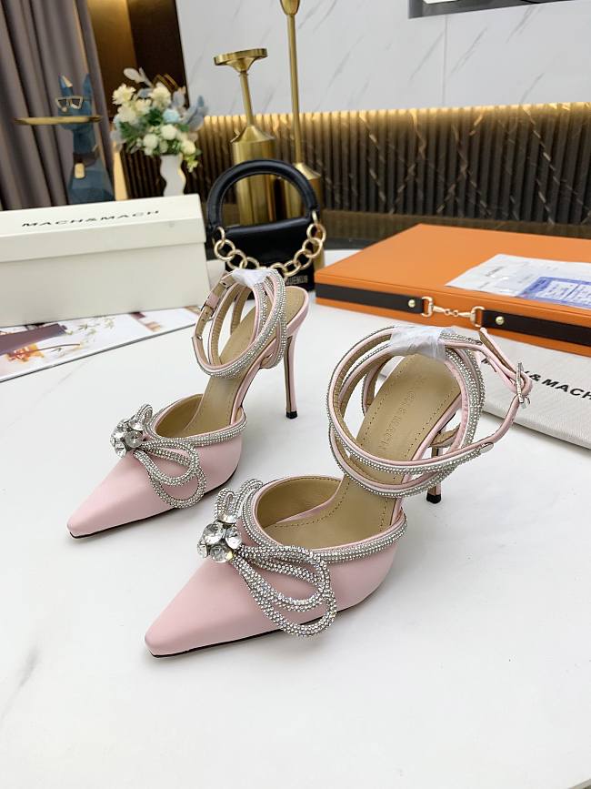 Mach & Mach Crystal Embellished Bow Anklet Satin Pumps Pink - 1