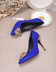 Versace La Medusa Attaching Gems Leather Pumps Blue - 2