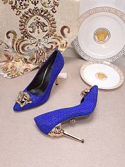 Versace La Medusa Attaching Gems Leather Pumps Blue - 4