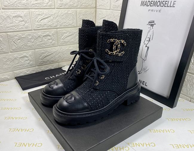 Chanel Premium Fabrics All Black Quilted Lace Up Boots Logo Toe Cap - 1