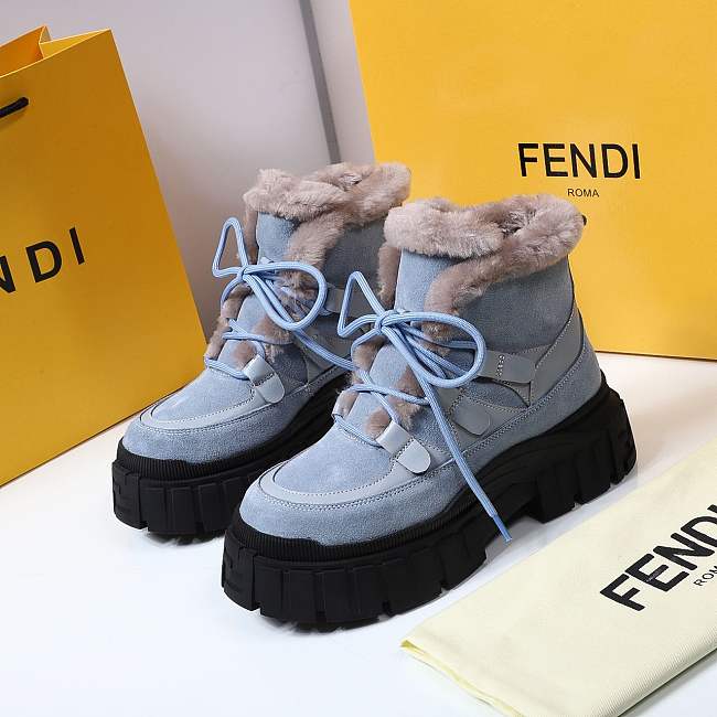 Fendi Force Velvet Fur Lace-ups Blue Boots - 1