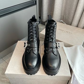 Jimmy Choo Black Soft Calf Leather Combat Boots with Crystal Buckle