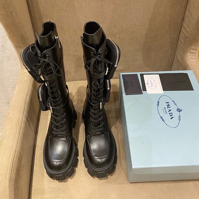 Prada Monolith Leather Platform Combat Boots With Nylon Pouches - 1