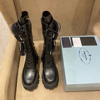 Prada Monolith Leather Platform Combat Boots With Nylon Pouches