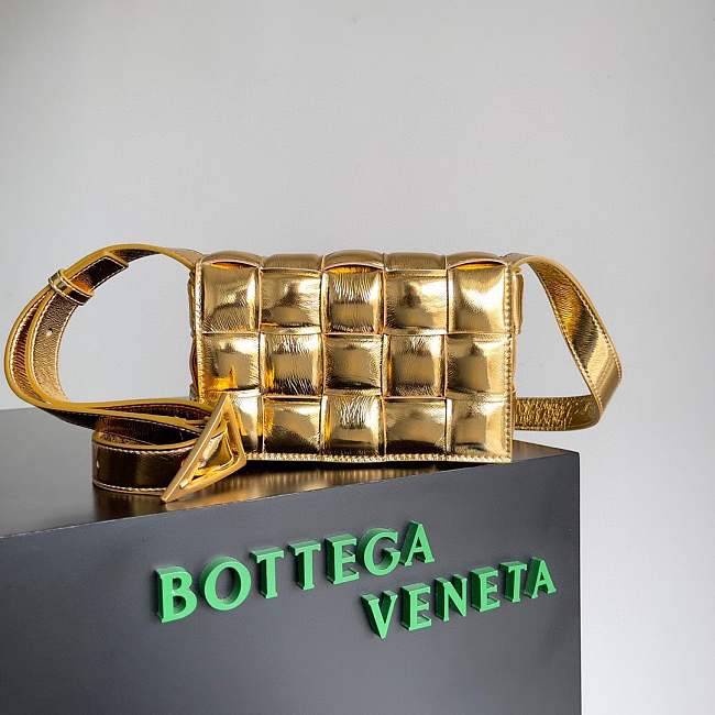 Bottega Veneta Cassette Intrecciato Padded Metallic Leather Shoulder Gold Bag - 1