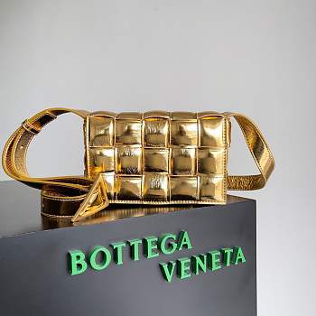 Bottega Veneta Cassette Intrecciato Padded Metallic Leather Shoulder Gold Bag