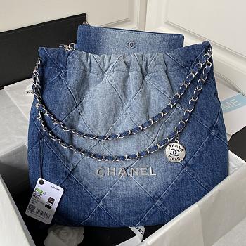 Chanel 22 Handbag Washed Denim & Silver-Tone Metallight Blue & Blue  39 × 42 × 8 cm AS3261