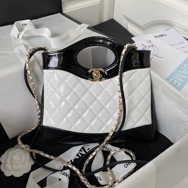 Chanel 31 Mini Shopping Bag Patent Calfskin & Gold-Tone Metal White & Black 22 × 23 × 5.5 cm AS4133 - 1