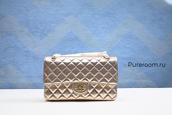 CHANEL Gold Quilted Striated Patent Leather Classic Medium Double Flap Bag 25cm