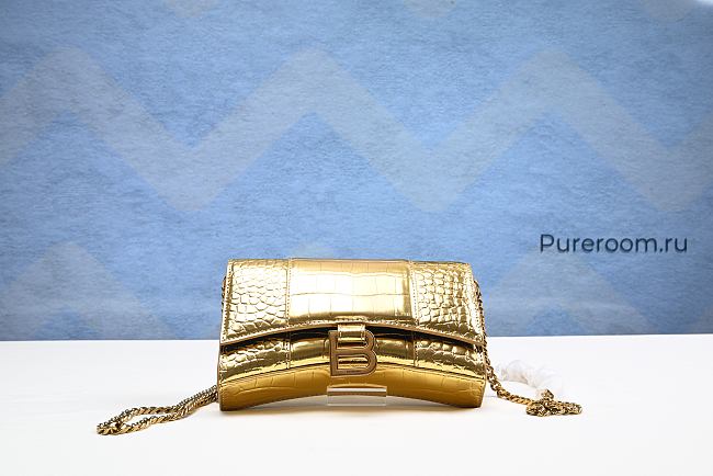 Balenciaga Hourglass Wallet On Chain Crocodile Embossed Gold 19cm - 1