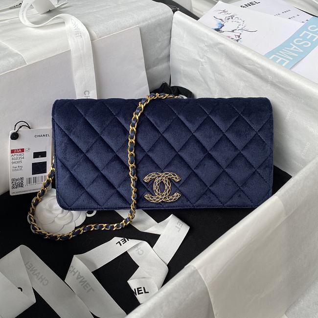 Chanel classic  dark bule velvet bag 23cm - 1